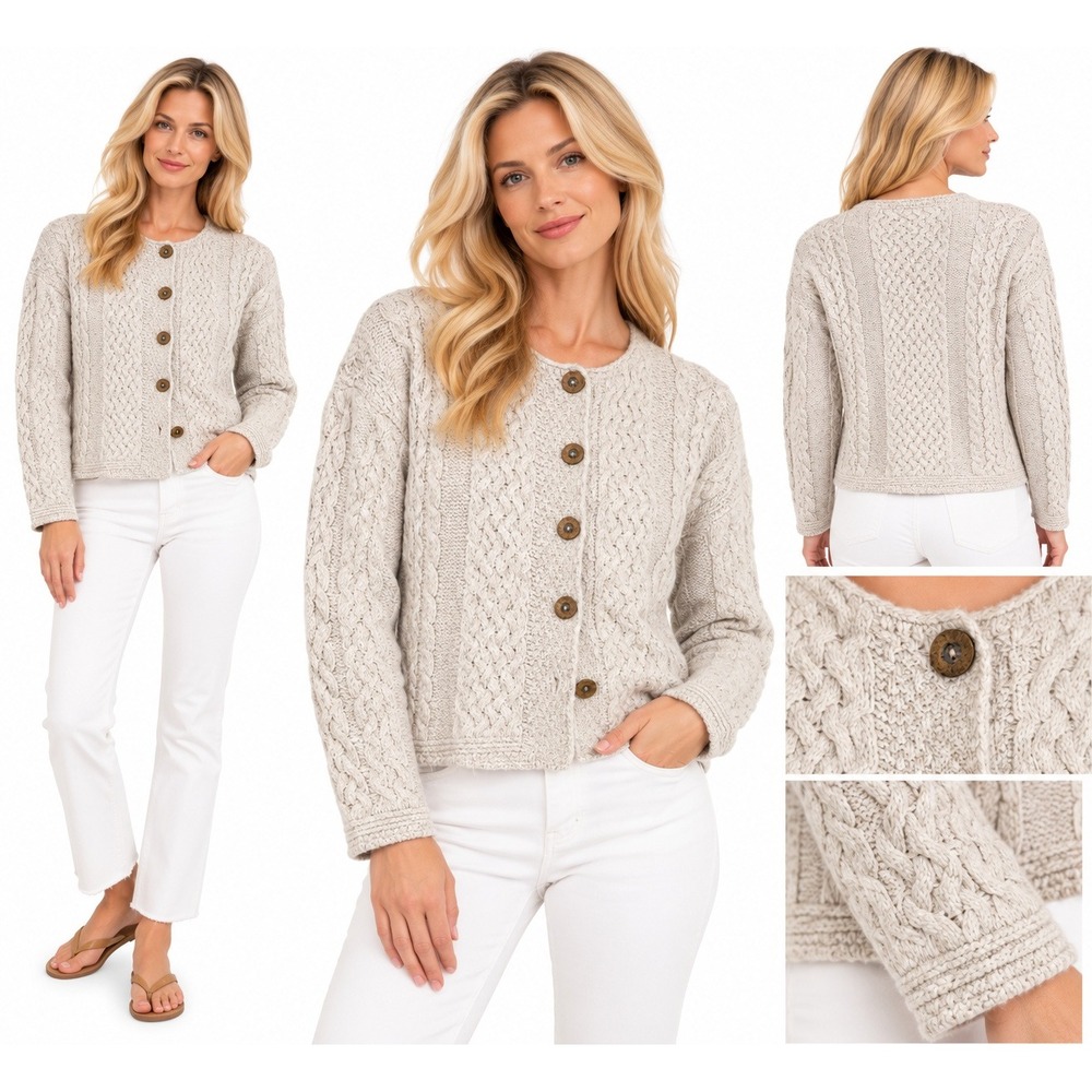 Carraig Donn Cardigan Womens S Cream Aran Cable Knit Cotton Linen Irish Sweater